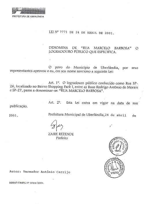 Denonina logradouro de Rua Marcerlo Barbosa